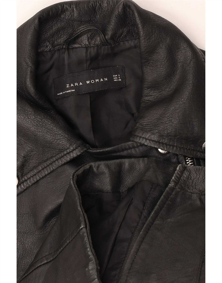 Zara Womens Crop Leather Biker Jacket UK 10 Small Black