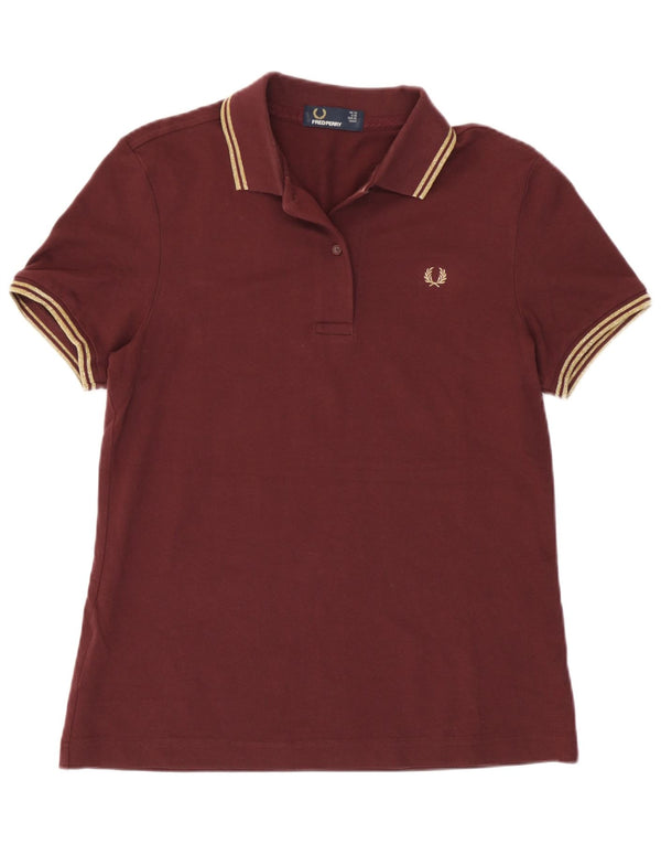Camisa polo feminina Fred Perry Reino Unido 12 algodão listrado médio Borgonha