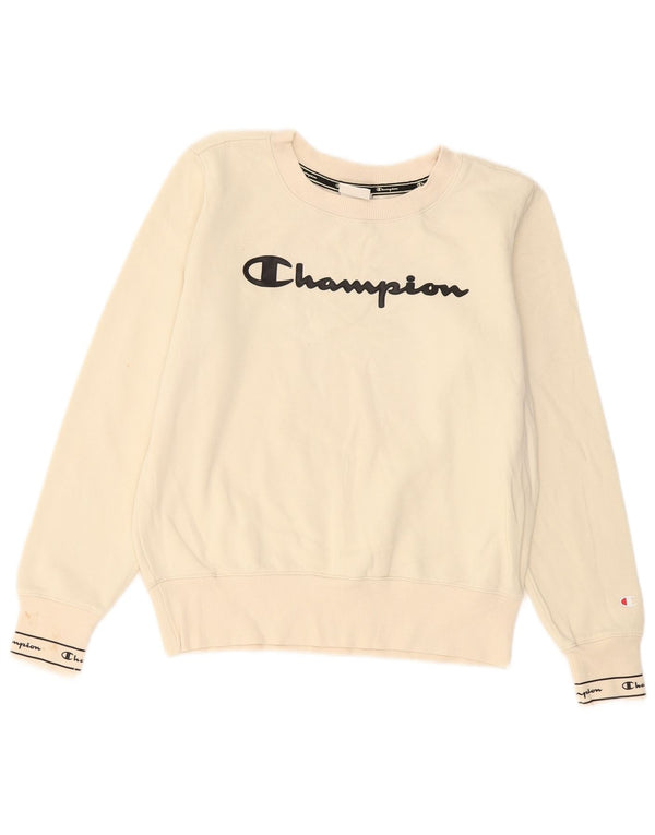 Champion feminino gráfico oversized moletom jumper UK 10 pequeno off white