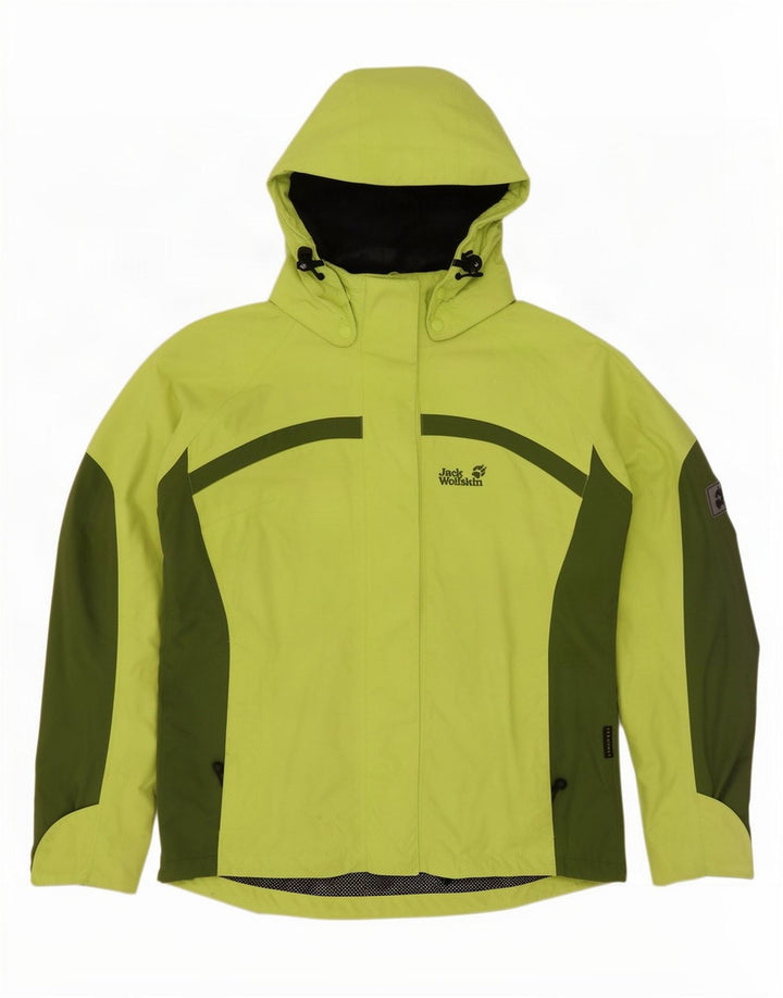 Jaqueta de chuva feminina com capuz Jack Wolfskin Reino Unido 12 bloco colorido verde médio