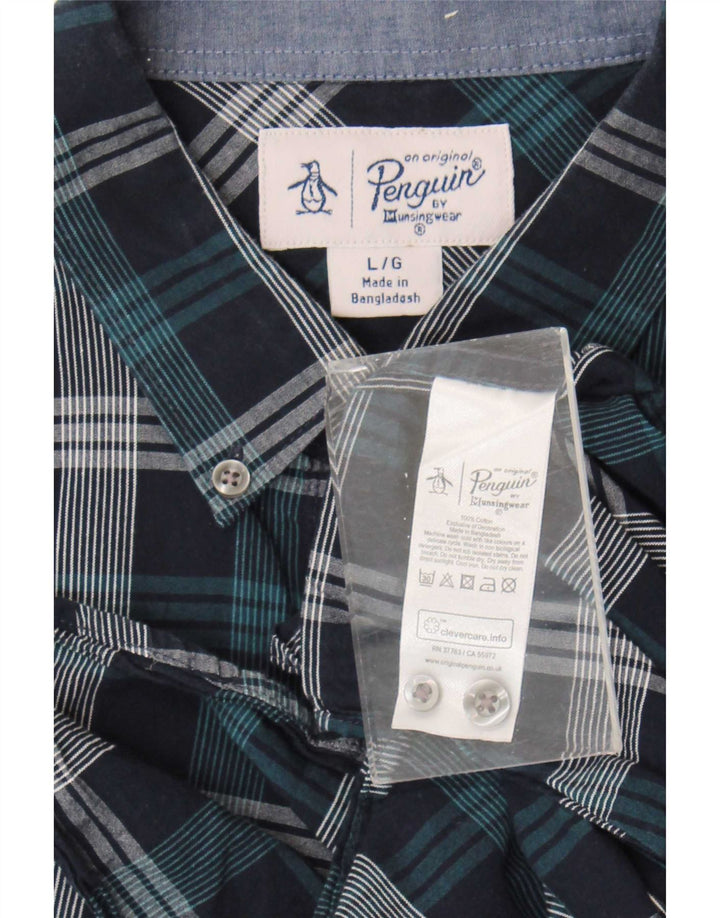 Camisa masculina Penguin grande algodão xadrez azul marinho