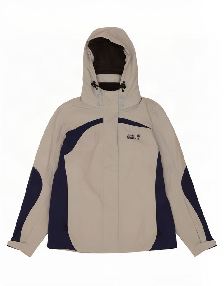 Jaqueta de chuva feminina com capuz Jack Wolfskin Reino Unido 14 bloco colorido azul médio