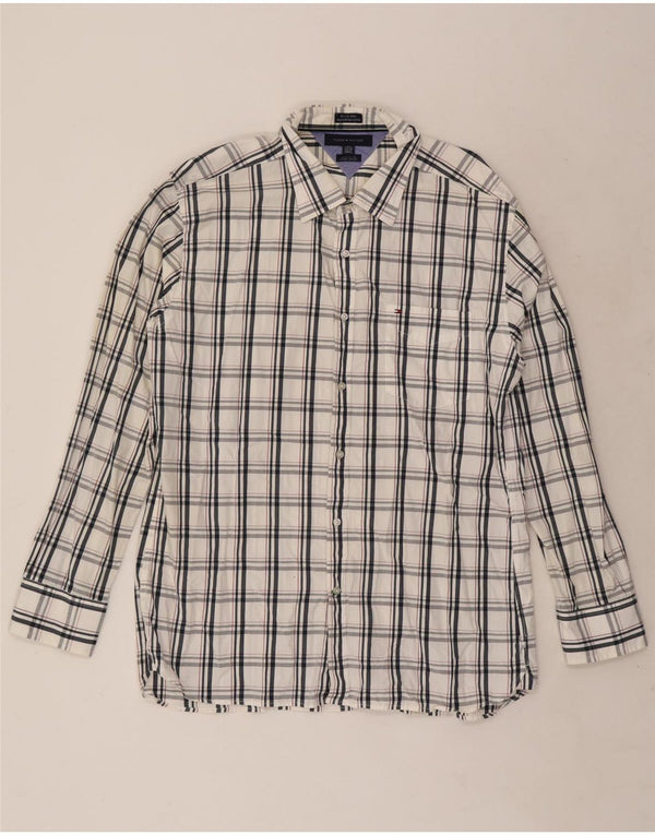 Camisa masculina Tommy Hilfiger de ajuste personalizado tamanho 17 1/2 18 XL algodão xadrez branco