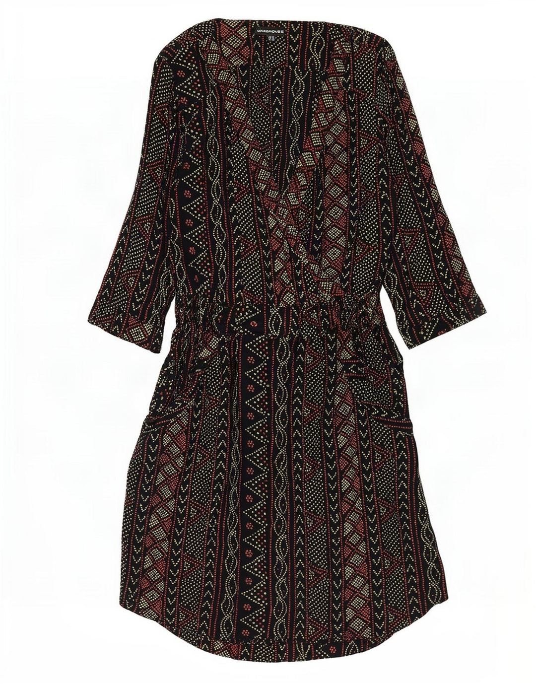 Vestido feminino Warehouse manga 3/4 Império Reino Unido 12 médio preto geométrico