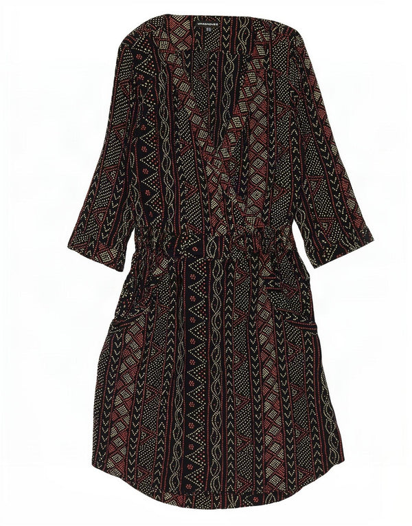 Vestido feminino Warehouse manga 3/4 Império Reino Unido 12 médio preto geométrico
