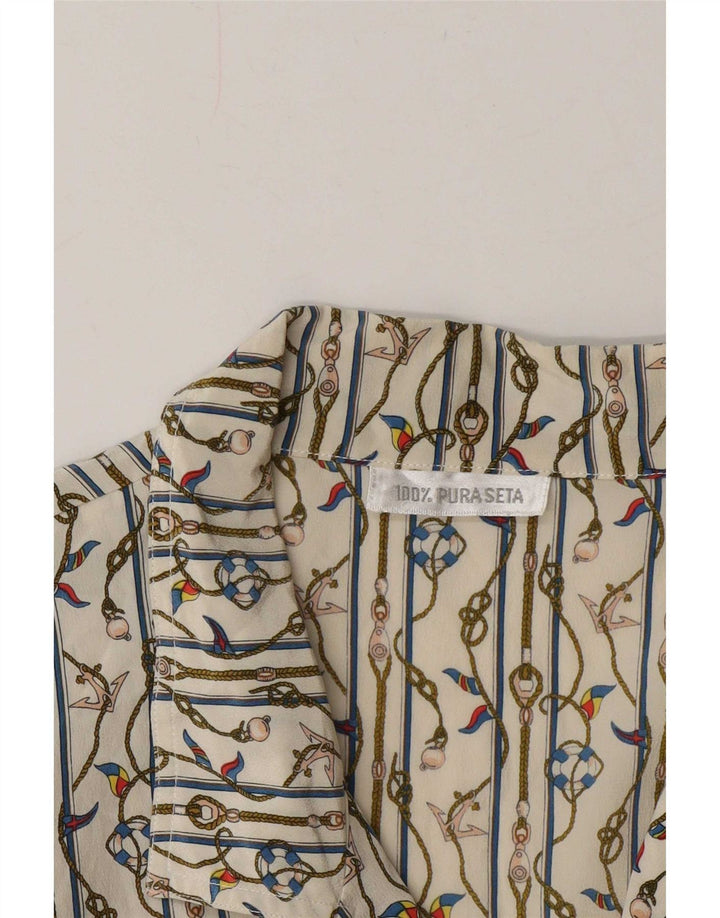 Camisa feminina vintage com padrão abstrato UK 14 médio branco náutico