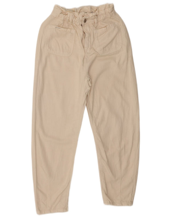 Calça feminina Zara cintura alta cônica cortada UE 36 XS W26 L25 bege