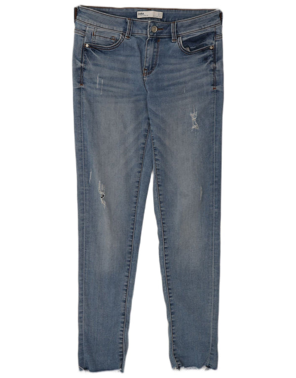 Zara Jeans feminino slim desgastado EU 36 XS W26 L29 azul algodão