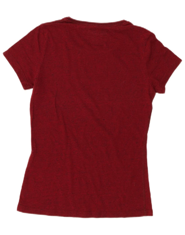 Camiseta feminina Superdry com estampa gráfica UK 10 pequeno algodão manchado cor de vinho
