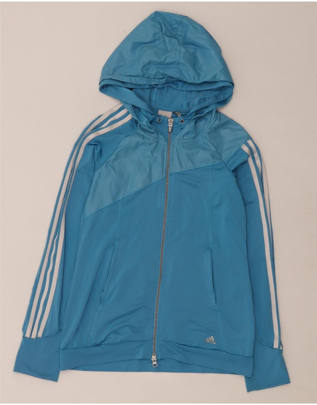 Suéter adidas feminino com capuz e zíper UK 10 pequeno azul poliéster