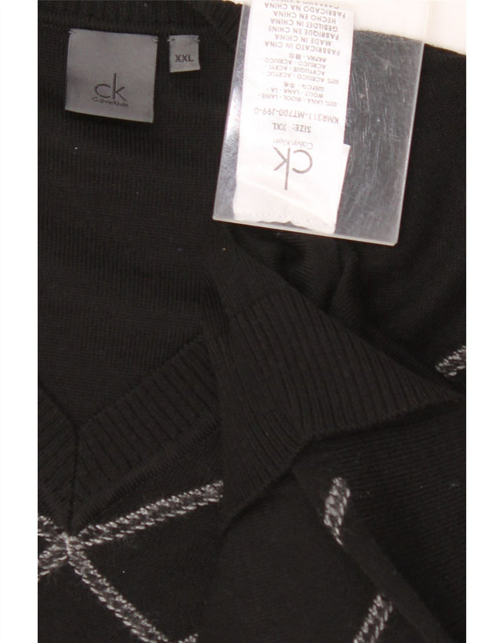 CALVIN KLEIN Mens V-Neck Jumper Sweater 2XL Black Geometric Wool
