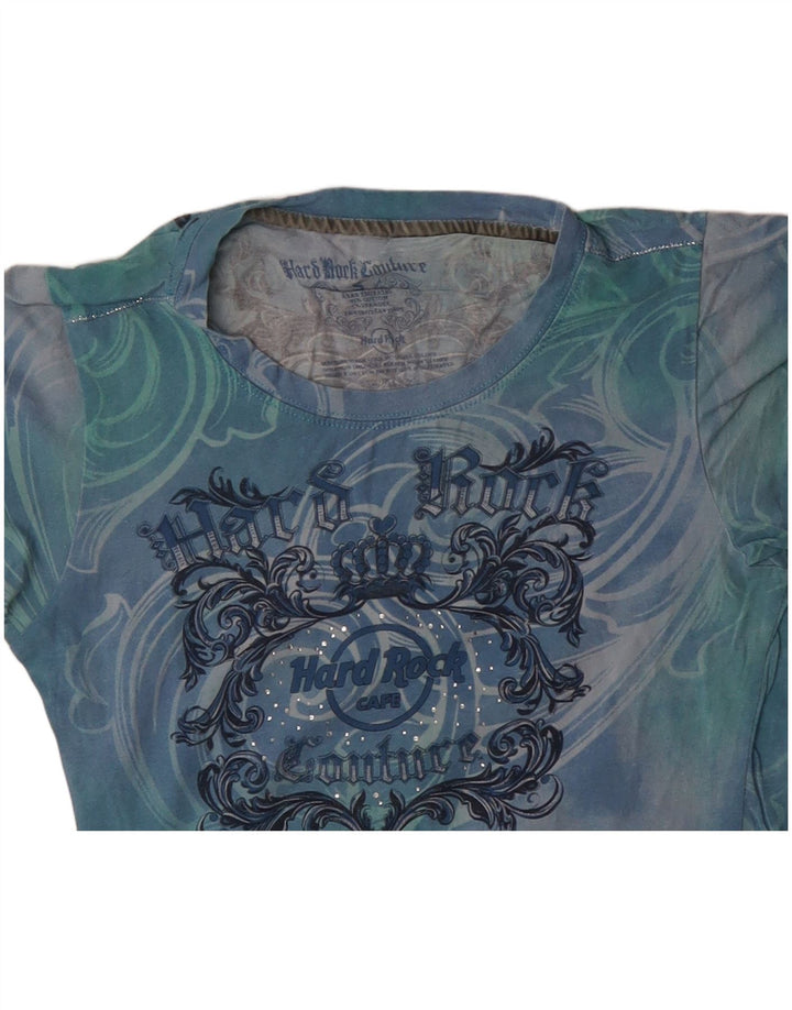 Camiseta feminina HARD ROCK CAFE Couture com estampa gráfica UK 8 pequena azul tie-dye