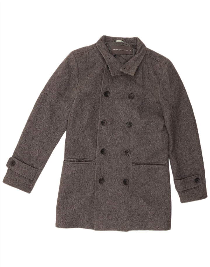 French Connection Mens Pea Coat Reino Unido 36 Lã Cinza Pequena