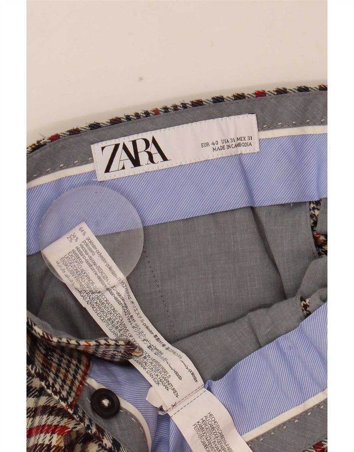 Zara Calça masculina cortada EU 40 Médio W31 L25 Poliéster xadrez bege