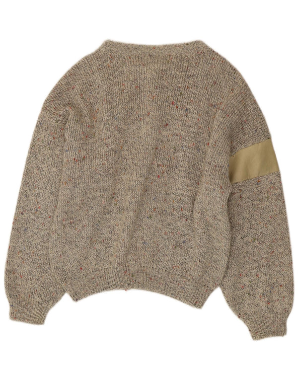Suéter cardigã masculino vintage, lã de alpaca manchada bege médio