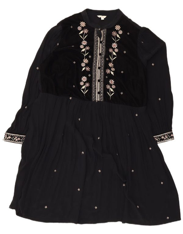 Vestido feminino Monsoon manga comprida evasê UK 18 XL preto floral poliéster