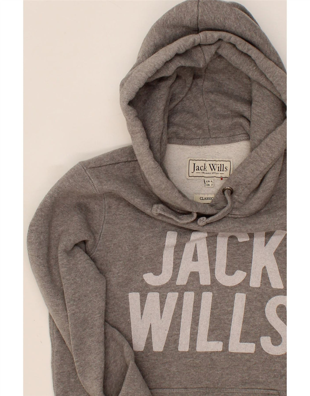 JACK WILLS Womens Graphic Hoodie Jumper UK 6 XS Grey Cotton Vintage Jack Wills and Second-Hand Jack Wills from Messina Hembry 