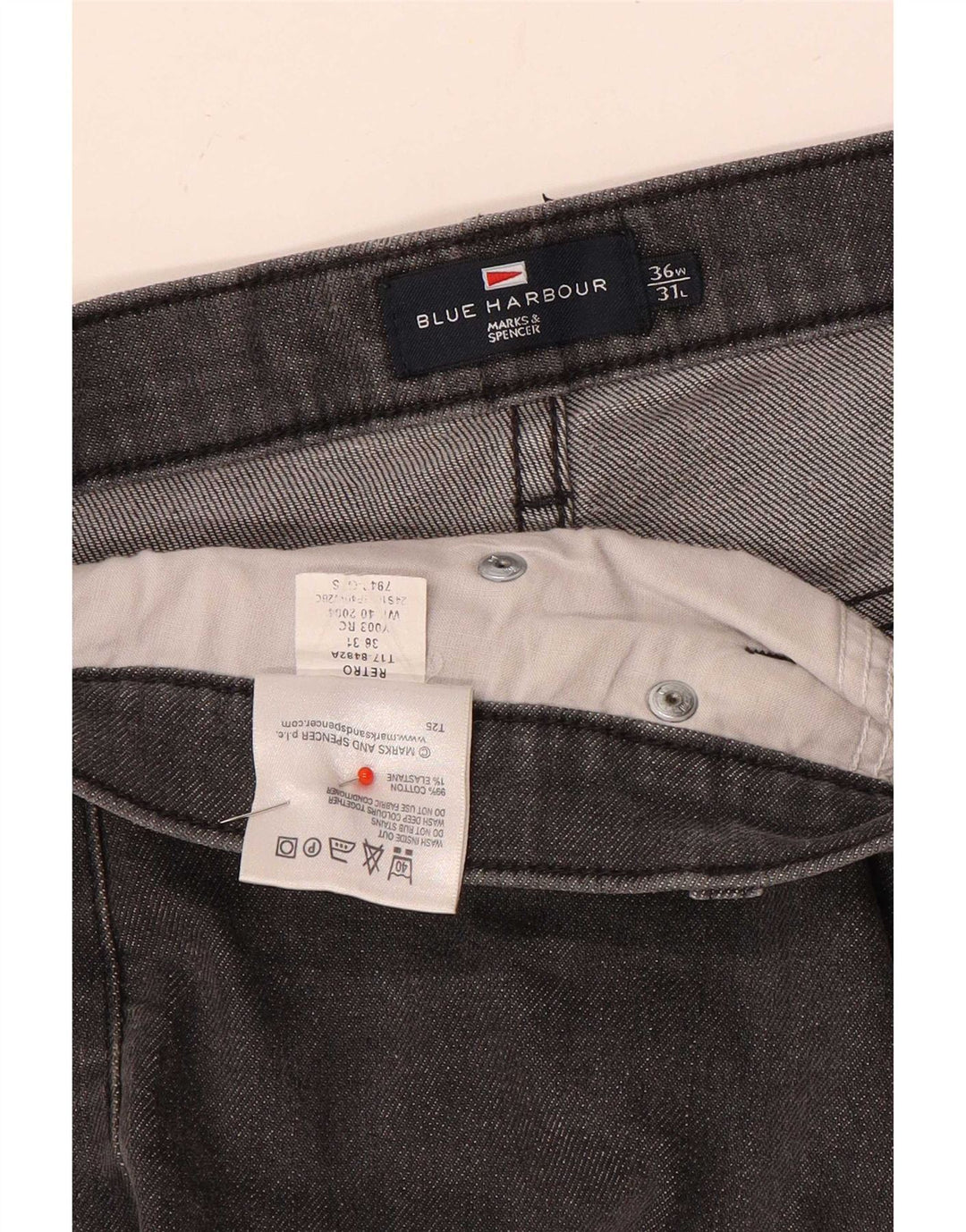 Calça jeans reta masculina Marks & Spencer Blue Harbor W36 L31 algodão cinza
