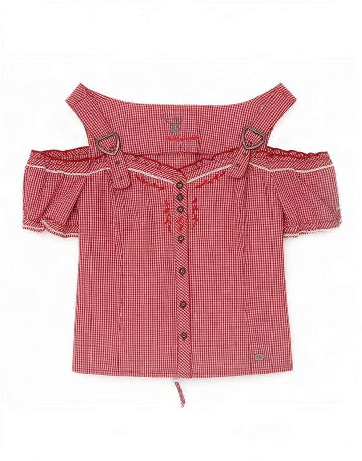 Blusa feminina Spieth & Wensky com ombros de fora, Reino Unido 14, guingão vermelho médio