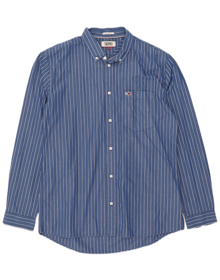 Camisa masculina Tommy Hilfiger Regular Fit grande algodão listrado azul