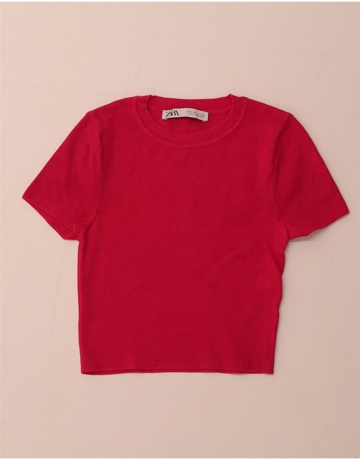 Suéter feminino ZARA com manga curta e gola redonda Reino Unido 8 pequeno rosa