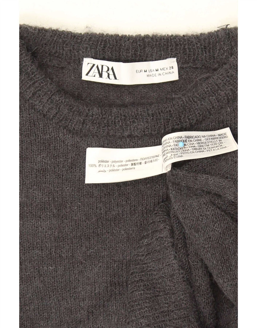 Suéter feminino Zara com gola redonda e gola redonda, Reino Unido 12 poliéster cinza médio