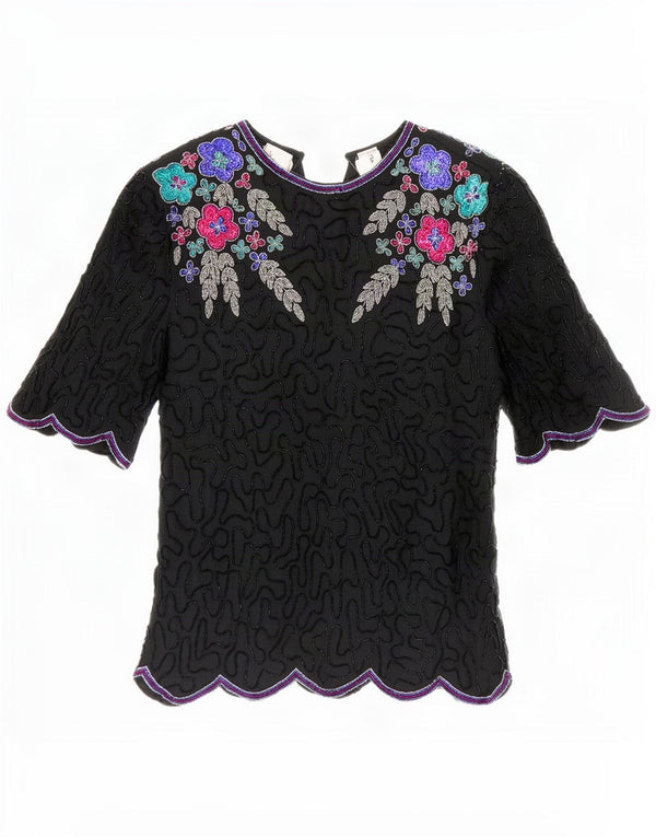 Blusa feminina Laurence Kozar Reino Unido 14 grande seda floral preta
