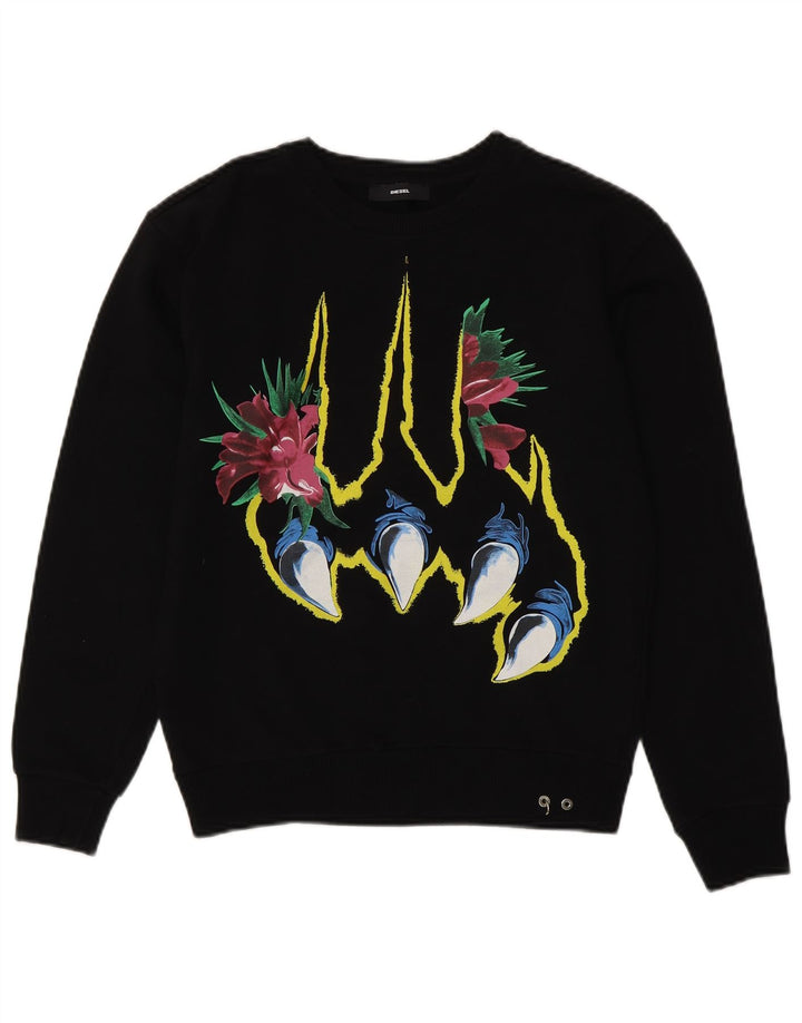DIESEL moletom feminino gráfico jumper UK 10 pequeno algodão preto