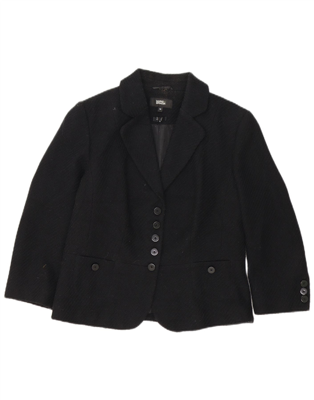 Jaqueta blazer feminina de 5 botões Marks & Spencer Reino Unido 14 poliéster preto médio
