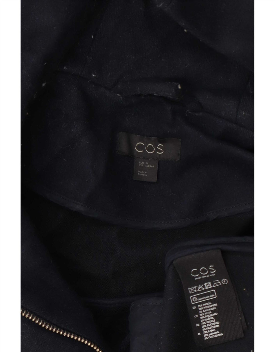 Sobretudo feminino Cos com capuz UE 36 pequeno lã azul marinho