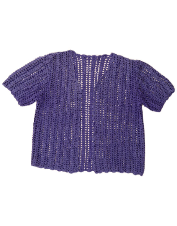 Suéter cardigã feminino vintage de manga curta em crochê Reino Unido 12 roxo médio