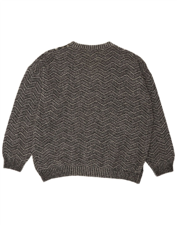 Suéter vintage masculino com gola redonda XL cinza patchwork lã de alpaca