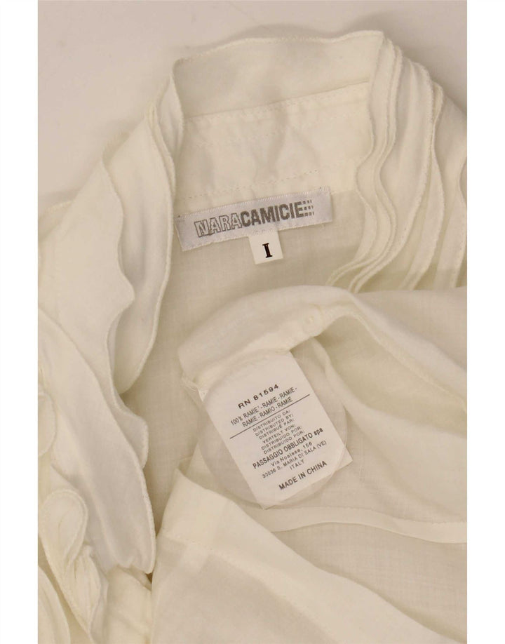 Blusa feminina Naracamicie manga 3/4 com babados na frente Reino Unido 10 pequena branca