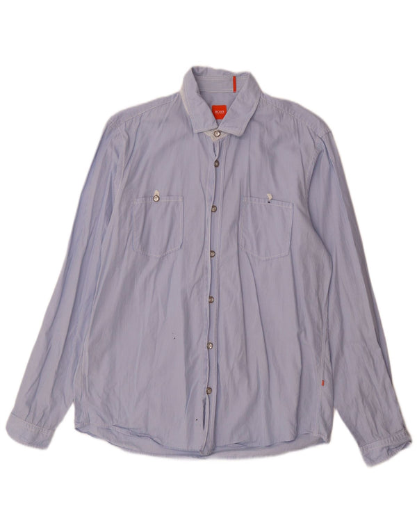 Camisa masculina Hugo Boss grande algodão listrado azul