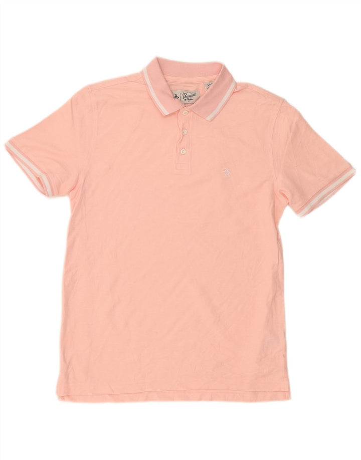 Camisa polo masculina Penguin pequena listrada rosa de algodão