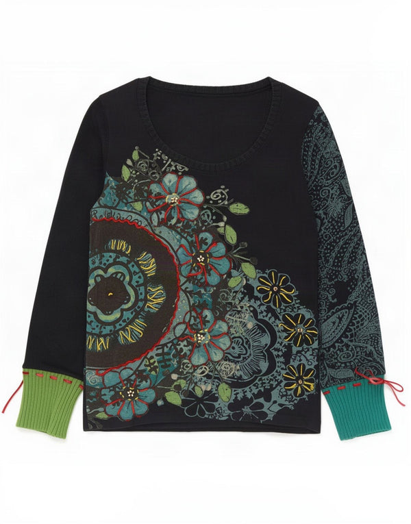 Top gráfico feminino Desigual manga comprida UK 14 grande azul marinho floral