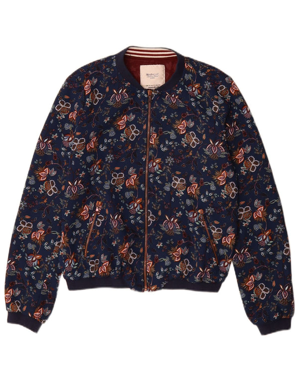 Zara Womens Trafaluc Bomber Jacket UK 10 Pequeno Azul Marinho Floral Poliéster