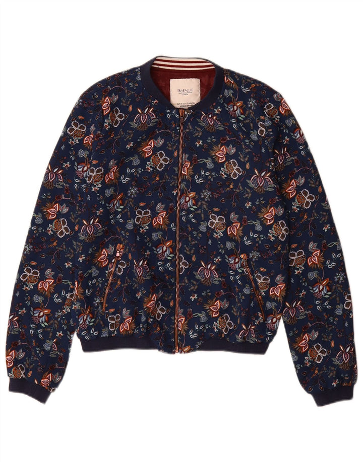 Zara Womens Trafaluc Bomber Jacket UK 10 Pequeno Azul Marinho Floral Poliéster
