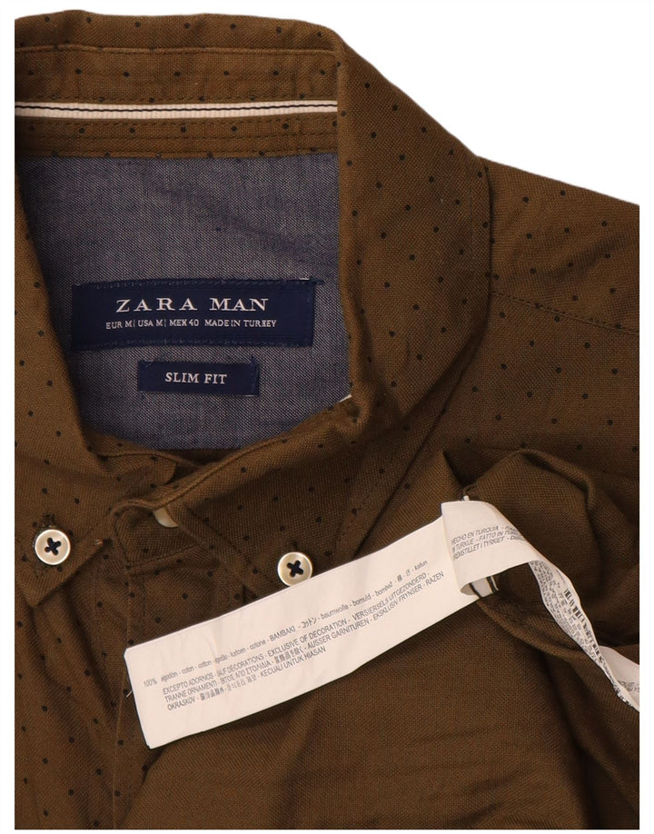 Camisa masculina Zara Slim Fit médio cáqui algodão manchado