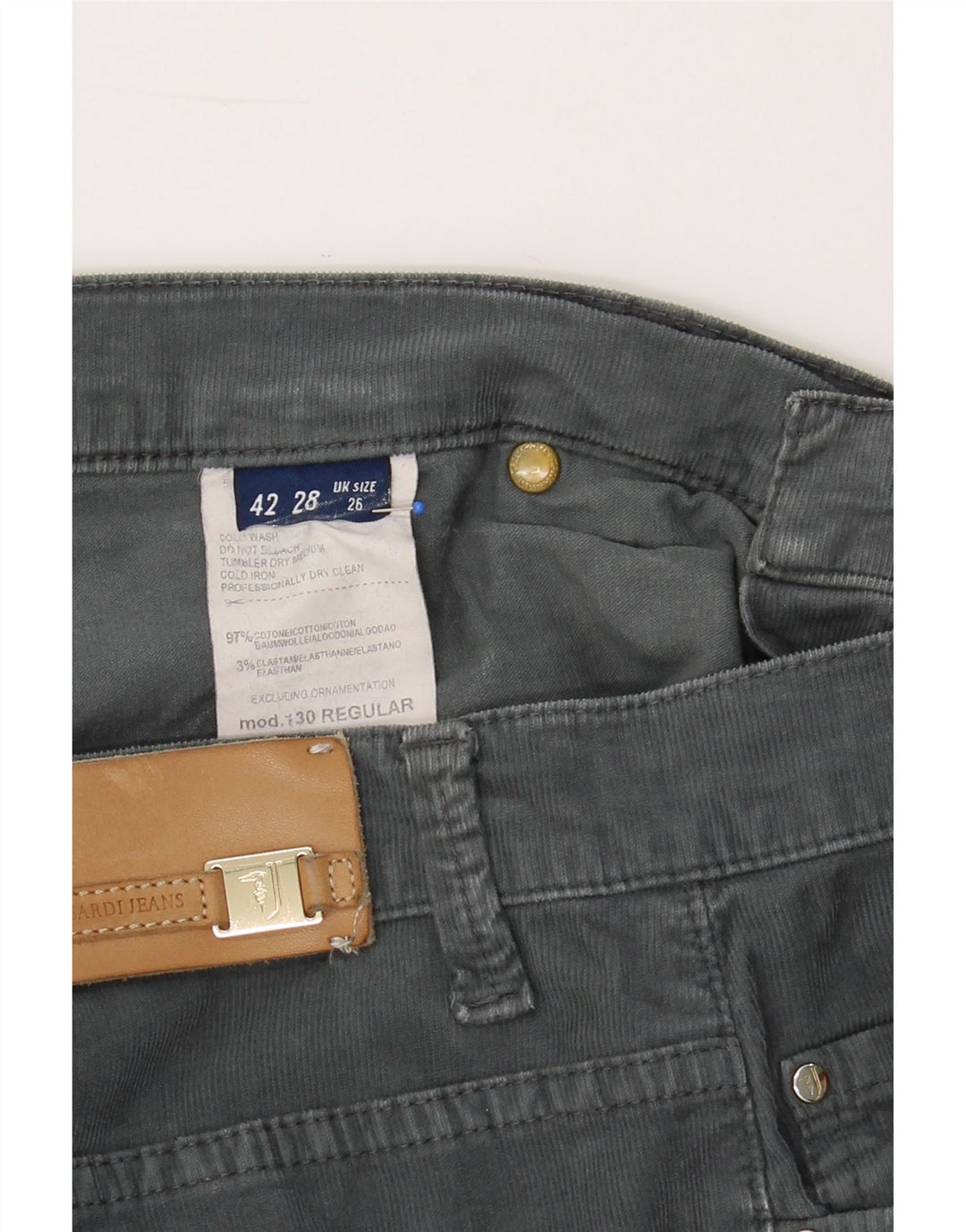 TRUSSARDI Womens Straight Corduroy Trousers W26 L30 Grey Cotton Vintage Trussardi and Second-Hand Trussardi from Messina Hembry 