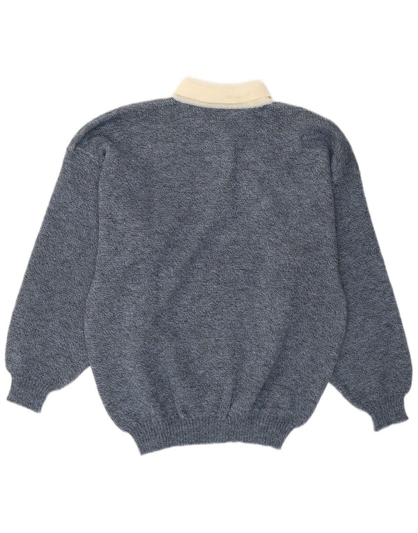 Suéter feminino vintage com gola polo IT 52 2XL acrílico floral azul