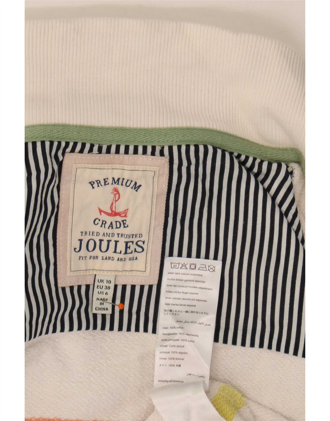 Suéter feminino Joules com gola redonda e botão UK 10 listrado branco pequeno