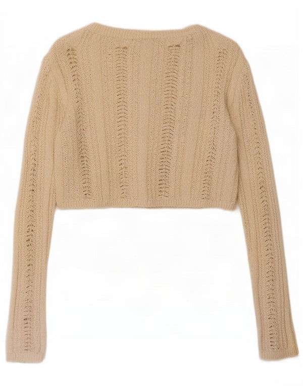 Suéter cardigã feminino Zara UK 10 pequeno algodão bege