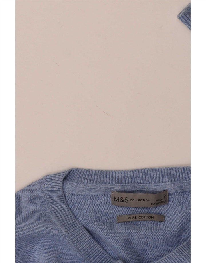 Suéter masculino Marks & Spencer com decote em V, pequeno, azul, algodão