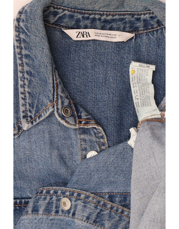 Camisa jeans feminina Zara Reino Unido 14 algodão azul médio