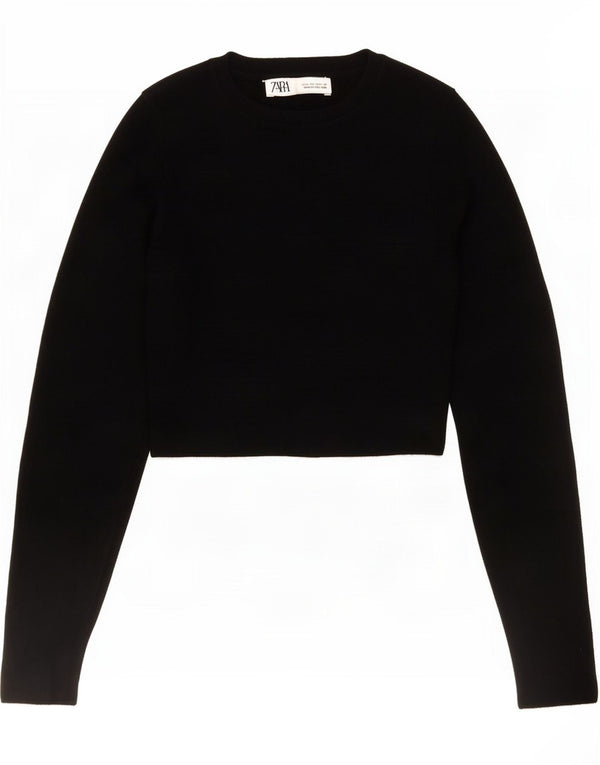 Zara Top curto feminino manga comprida Reino Unido 12 viscose preta média