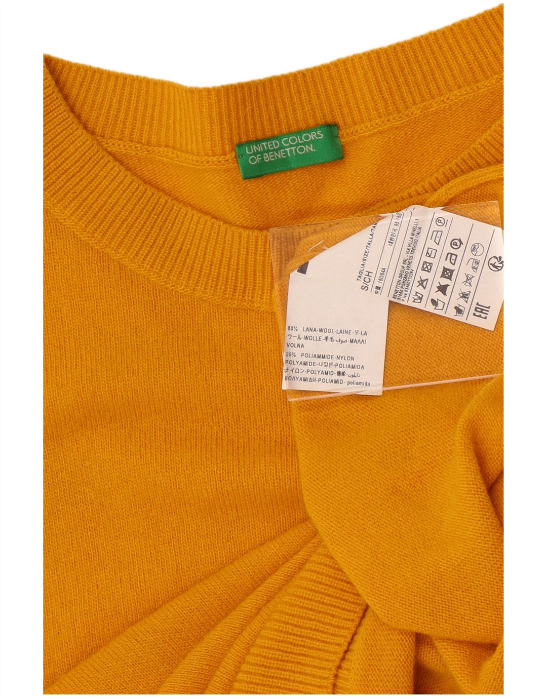 Suéter feminino superdimensionado com gola redonda da BENETTON Reino Unido 10 lã amarela pequena