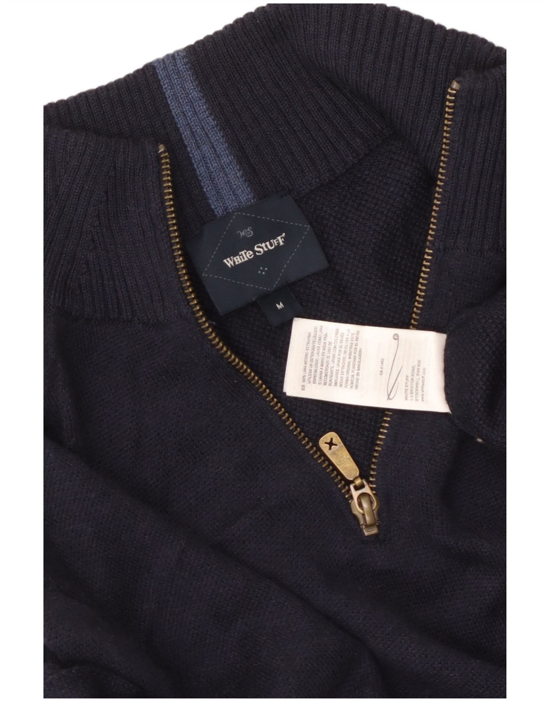 Suéter masculino branco com zíper e gola em lã Merino azul marinho médio