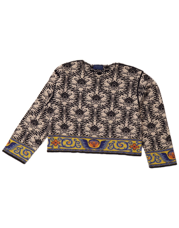 Blusa feminina vintage manga comprida top UK 14 médio off white paisley