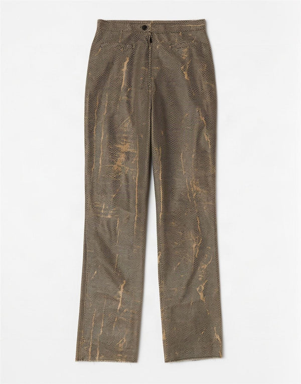 Calça feminina vintage reta de couro sintético W24 L31 verde estampa animal